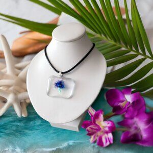 Purple & blue abstract flower fused glass pendant necklace festival fashion gift